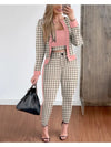 3PC Plaid Print Contrast Paneled Crop Top & Pants Set with Coat of Fashion