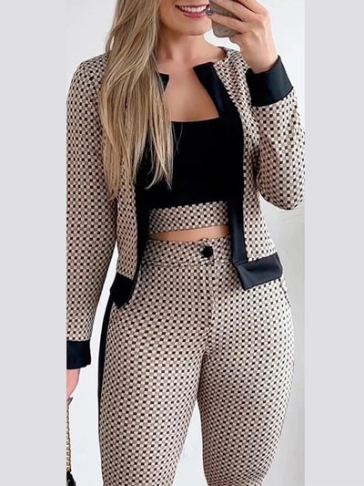 3PC Plaid Print Contrast Paneled Crop Top & Pants Set with Coat of Fashion