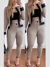 3PC Plaid Print Contrast Paneled Crop Top & Pants Set with Coat of Fashion