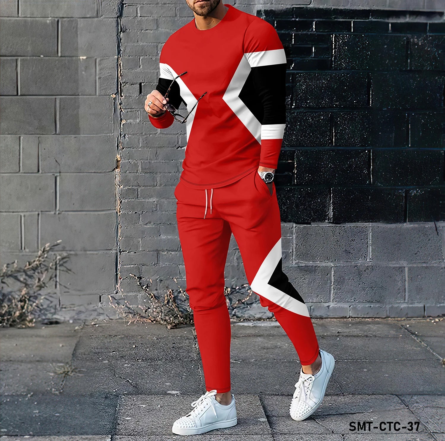 Colored geometric 3D printing men's long sleeved T-shirt and pants set