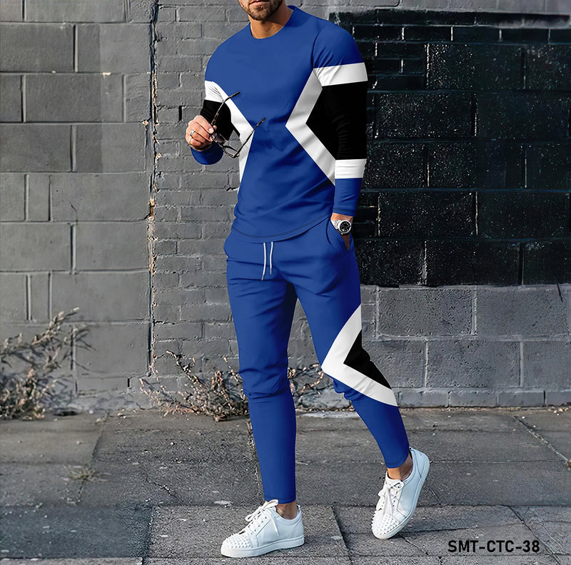 Colored geometric 3D printing men's long sleeved T-shirt and pants set