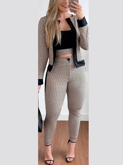 3PC Plaid Print Contrast Paneled Crop Top & Pants Set with Coat of Fashion