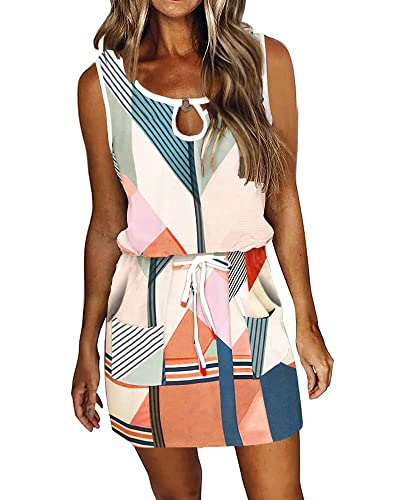 Womens Summer Causal Loose Sleeveless Crew Neck Drawstring